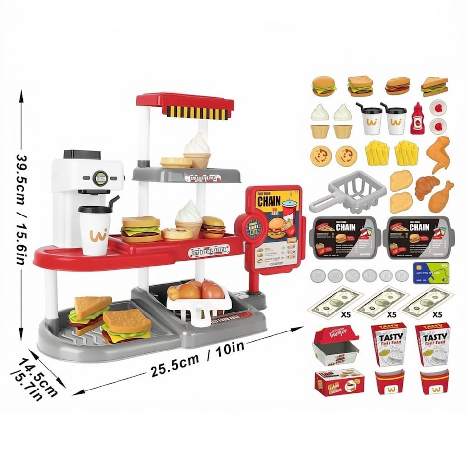image 1 of 71PCS Kids Fast Food Playset – Pretend Kitchen Toy Set with Cash Register, Drink Dispenser & Food Accessories