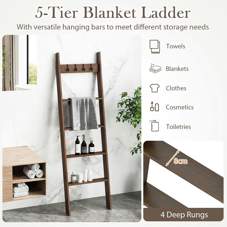 image 1 of COSTWAY Bamboo Blanket Ladder 5-Tier Ladder Shelf w/4 Removable Hooks-Brown Brown | One Size