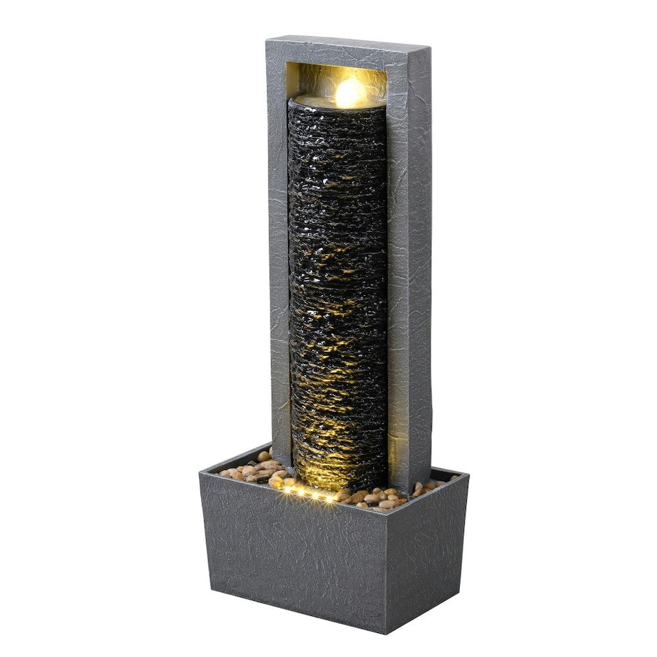 image 1 of Teamson Home Garden Outdoor Water Feature, Tall Waterfall Water Fountain, With Warm LED Lights, Layered Rock Design, Dark Grey