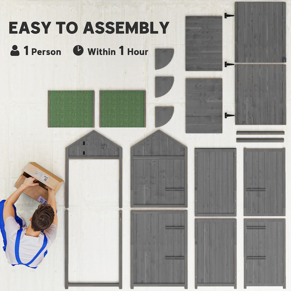 image 1 of Outsunny Wooden Garden Shed, Utility Outdoor Small Shed with Lockable Double Doors, Shelves and Roof Hatch, Grey