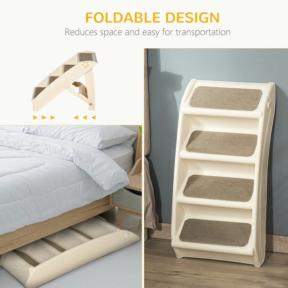 image 1 of PawHut Four-Step Foldable Pet Stairs w/ Non-Slip Mats, for S, XS Dogs - Beige