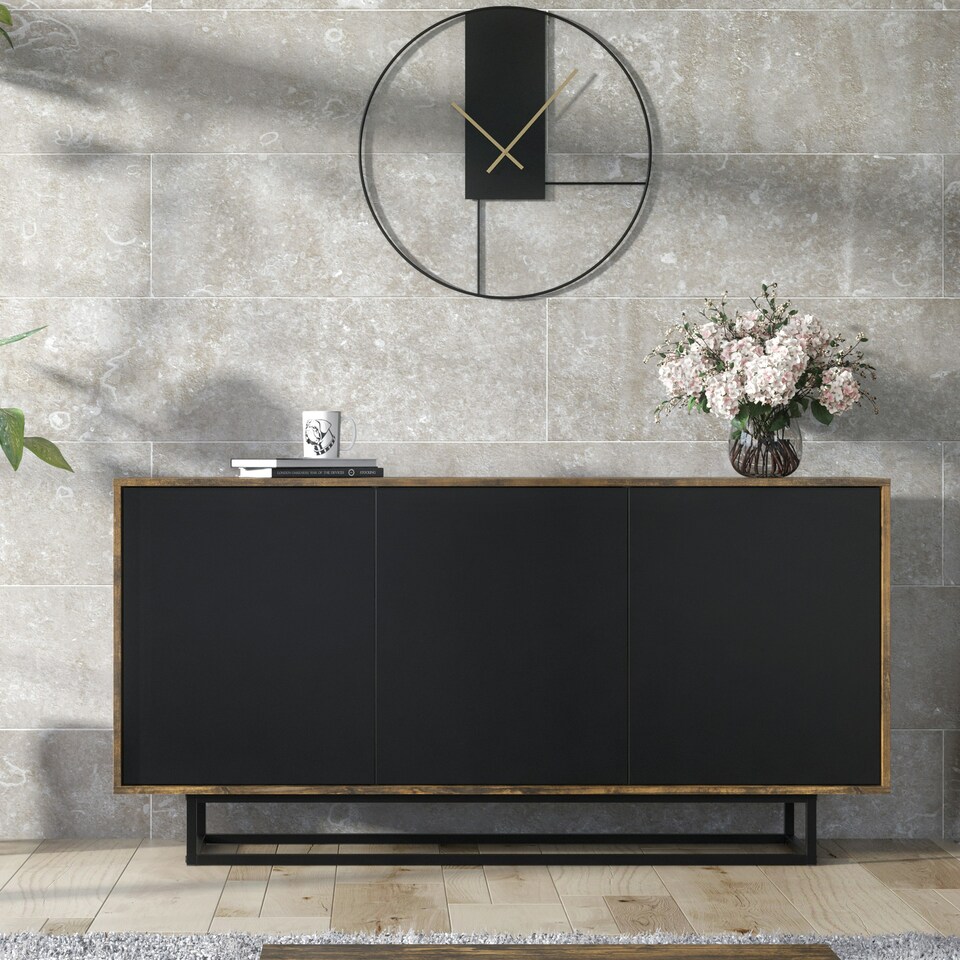image 1 of Sideboard 160cm Industrial Oak & Black Matt – 3 Door Storage Cabinet with Metal Legs Bronze | Black
