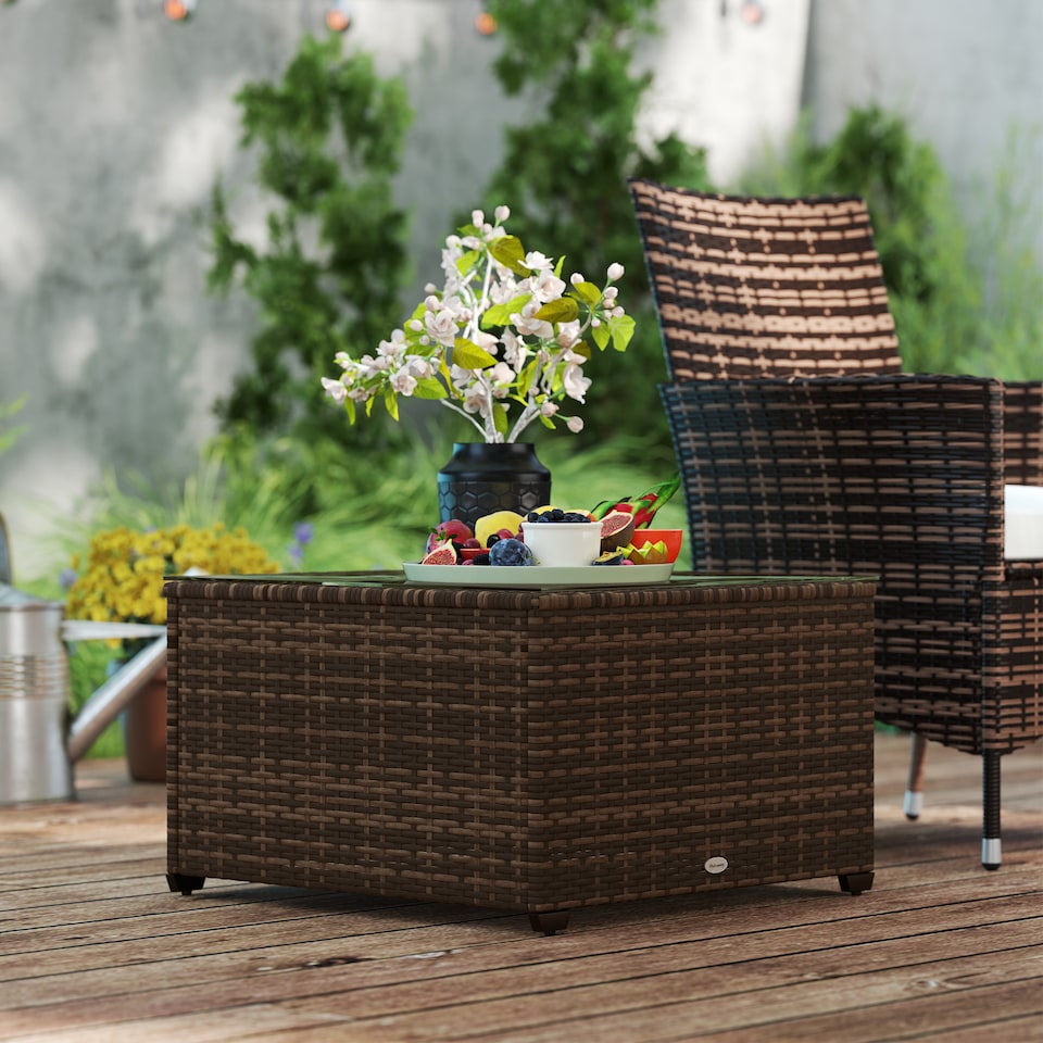 image 1 of Outsunny Outdoor Coffee Table with Glass Top, Rattan Side Table, Brown