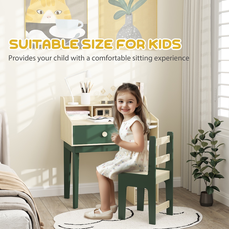 image 1 of AIYAPLAY Kids Desk and Chair Set with Storage Shelves, Drawer, Green