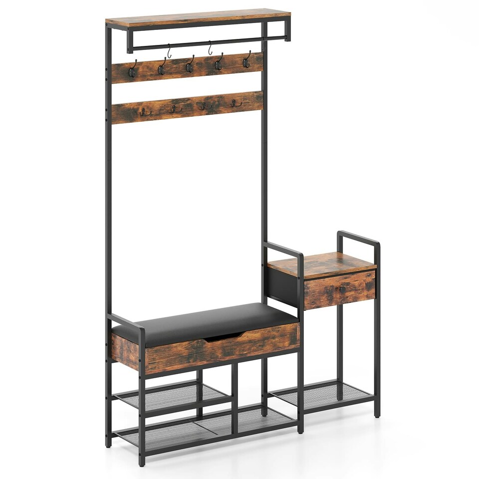 image 1 of COSTWAY Coat Rack Hall Tree with Shoe Storage Bench Brown | One Size