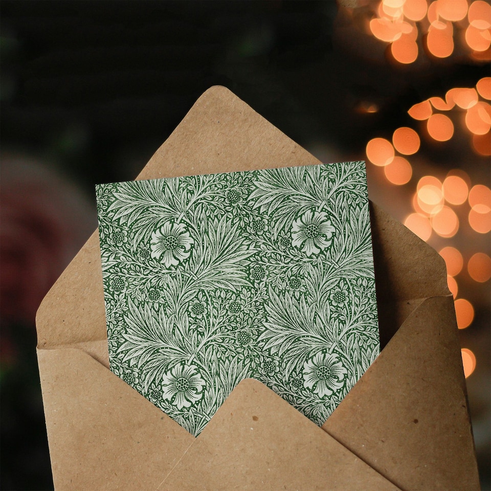 image 1 of William Morris Art Card Marigold Flower Green Pattern