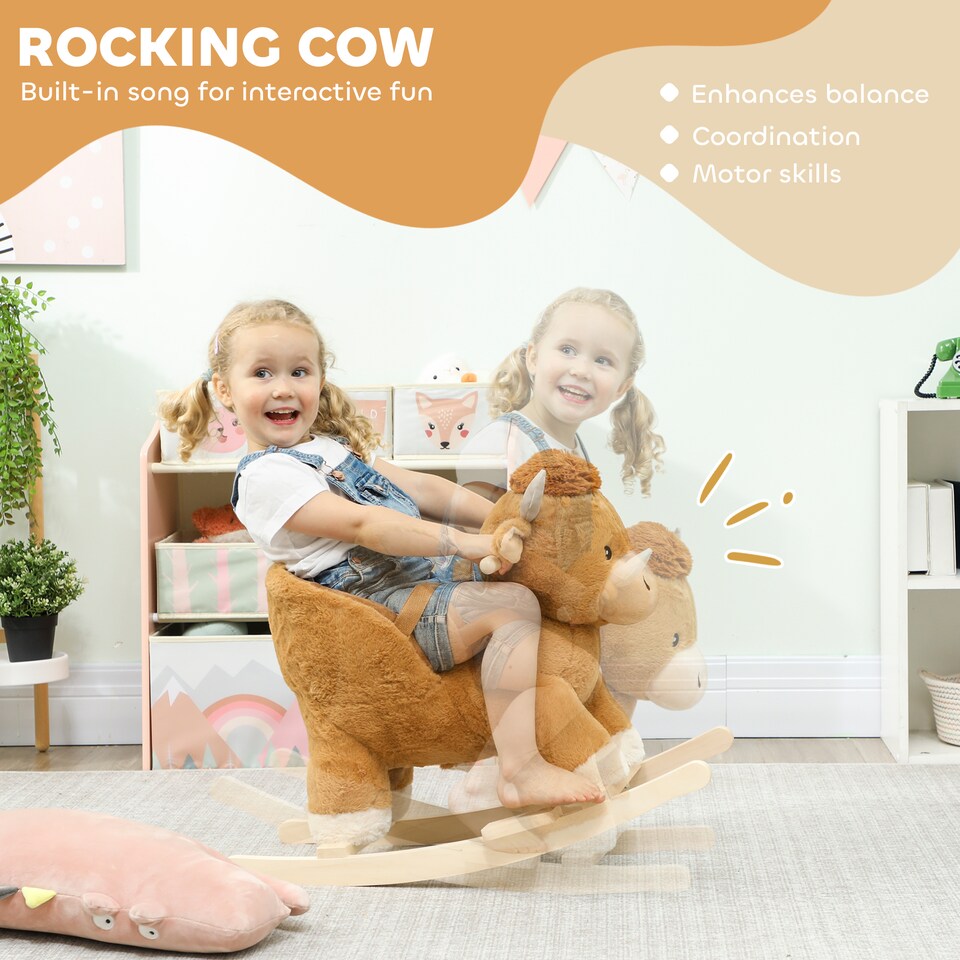 image 1 of AIYAPLAY Baby Rocking Horse with Song, Safety Belt, Wood Base for 1-3 Years