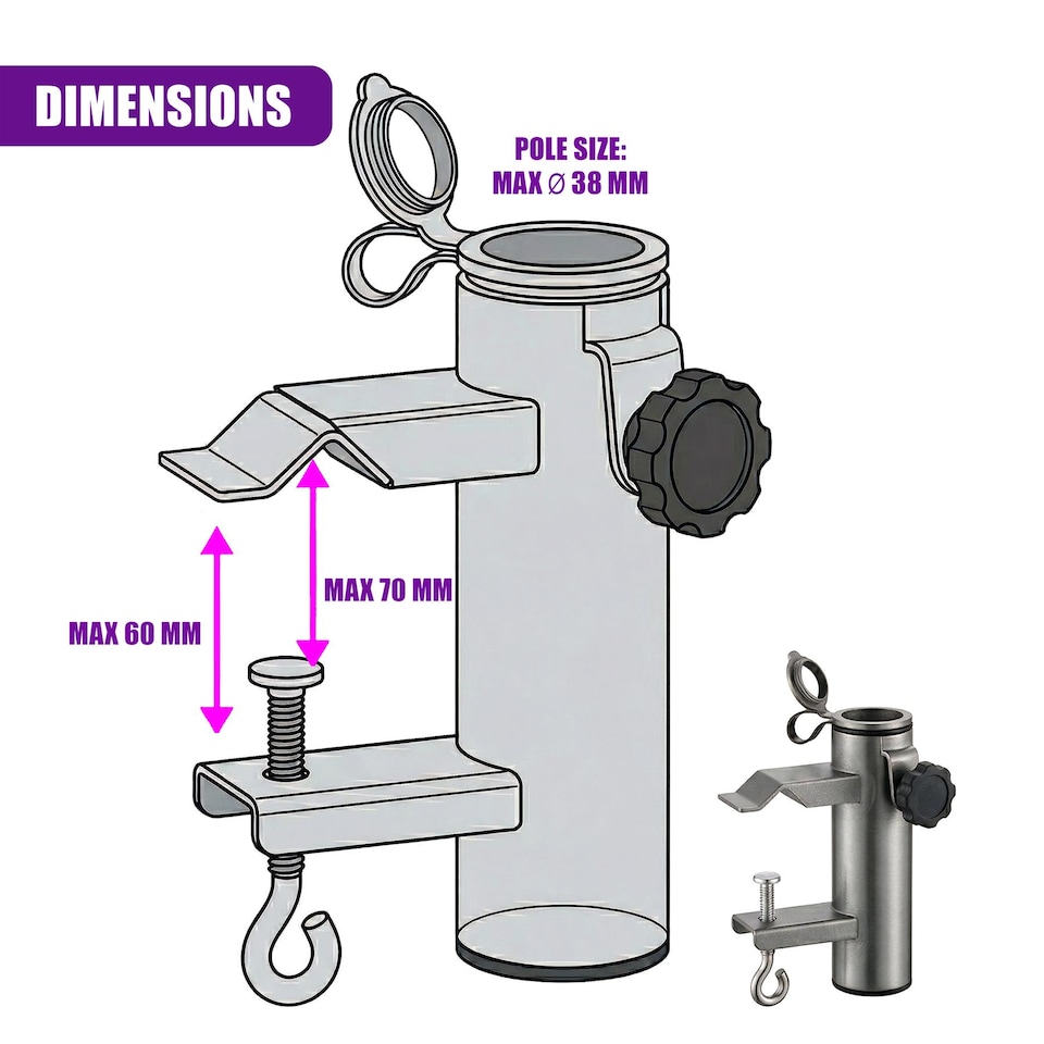image 1 of GEEZY Metal Balcony Parasol Clamp 33-38mm Adjustable Galvanised Steel Fence Railing Holder