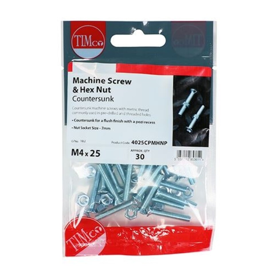 image 1 of Timco - Machine Screws - PZ - Countersunk & Hex Nuts - Zinc (Size M6 x 20 - 20 Pieces)