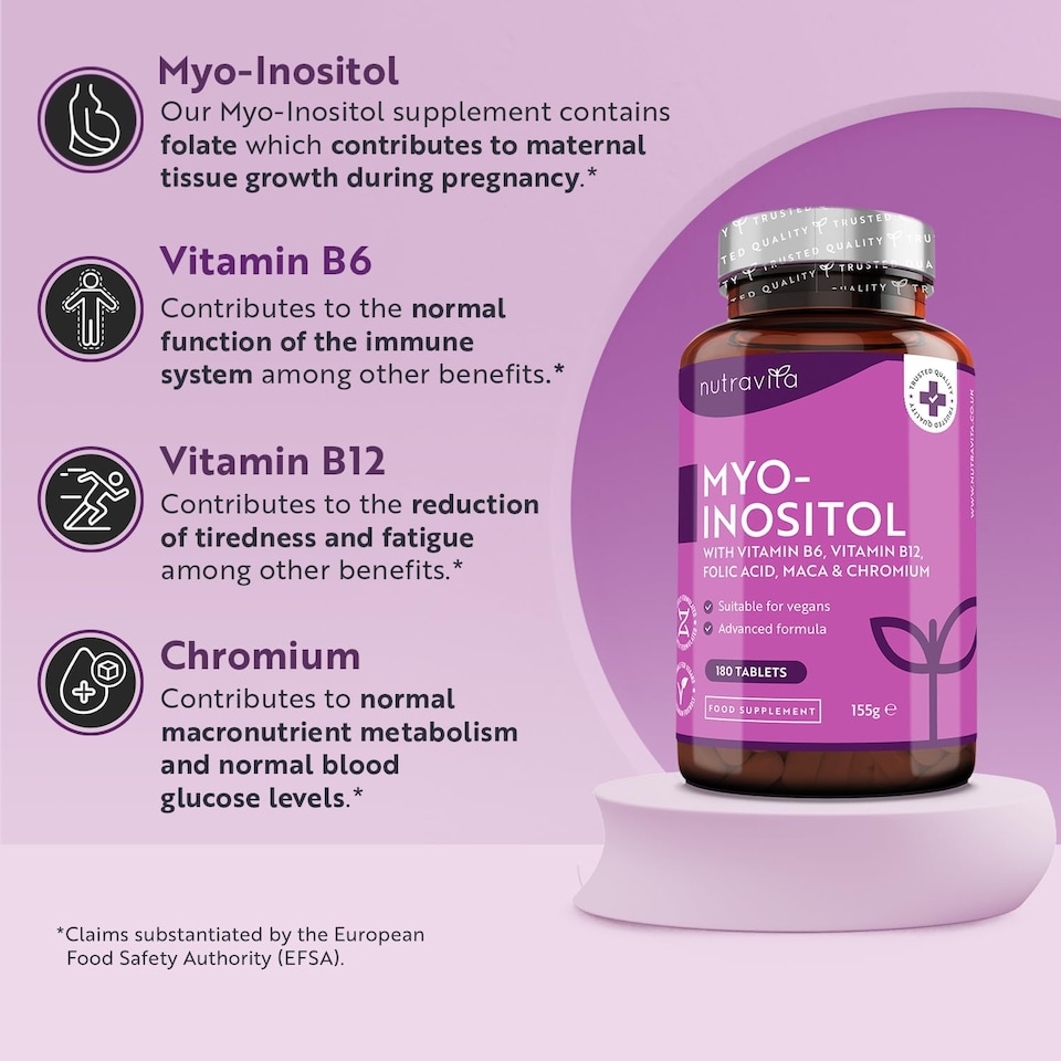 image 1 of Nutravita Myo-Inositol Tablets with Folic Acid, Vitamin B6, B12, Maca and Chromium - PCOS Supplement - Prenatal Vitamins for Women - 180 Vegan Tablets