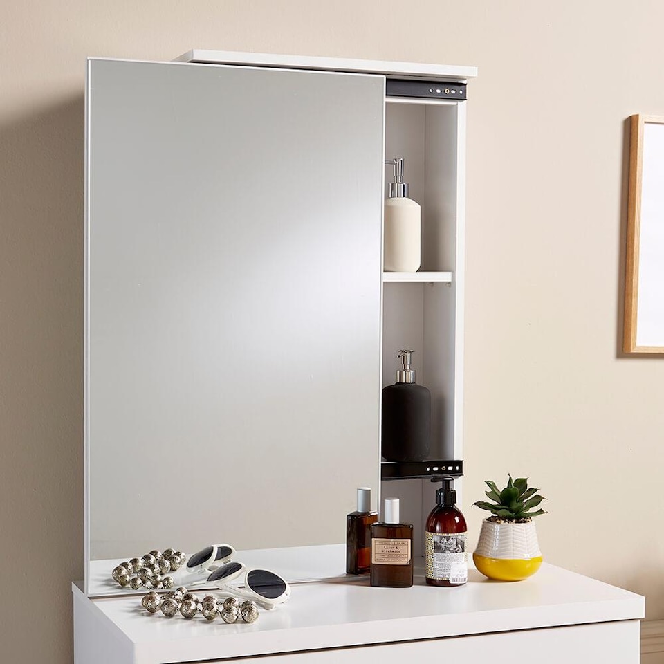 image 1 of Makeup Dressing Table Set With Sliding Storage Space Vanity Mirror and Stool | White