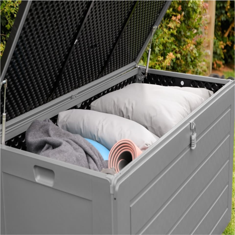 image 1 of Olsen & Smith 830L Extra Large Garden Storage Box - Weather Resistant Heavy Duty Wood Effect with Padlock Massive Capacity Storage Chest for Tools Toys & More Grey | Grey