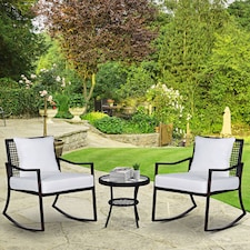 Outsunny Rattan Bistro Set, 3 Pieces Wicker Garden Furniture Set with Rocking Chairs and Round Glass Top Coffee Table, Small Balcony Furniture with Cushions for Outdoor, Porch, Brown