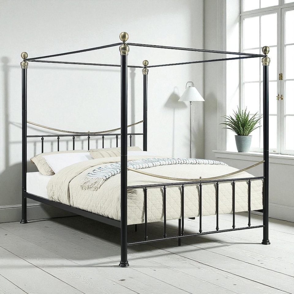 image 1 of Marylebone Traditional Four Poster Canopy Metal Bed Frame | Black | Black & Brass | King