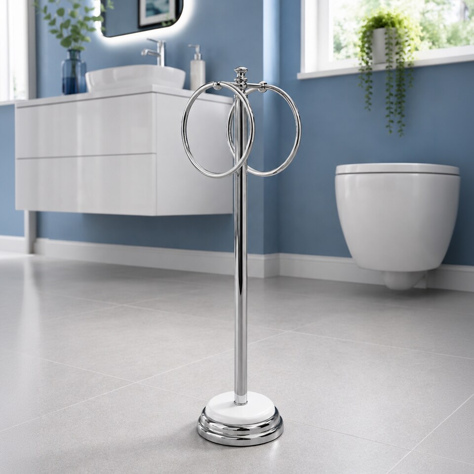 image 1 of Showerdrape Opera White/Chrome Freestanding Double Towel Ring | Silver | Chrome | 1
