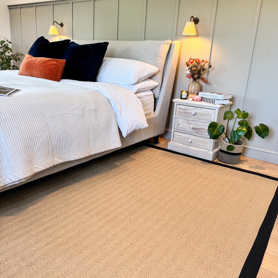 image 1 of KUKOON Natural Golden Beige Jute Micro Woven Herringbone Pattern Cotton Border Area Rug 120cm x 170cm