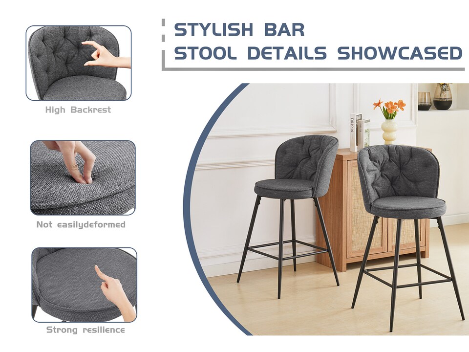 image 1 of SONARA Set of 2 Blended Woven Fabric Counter Height Bar Stools with Backrest | Grey