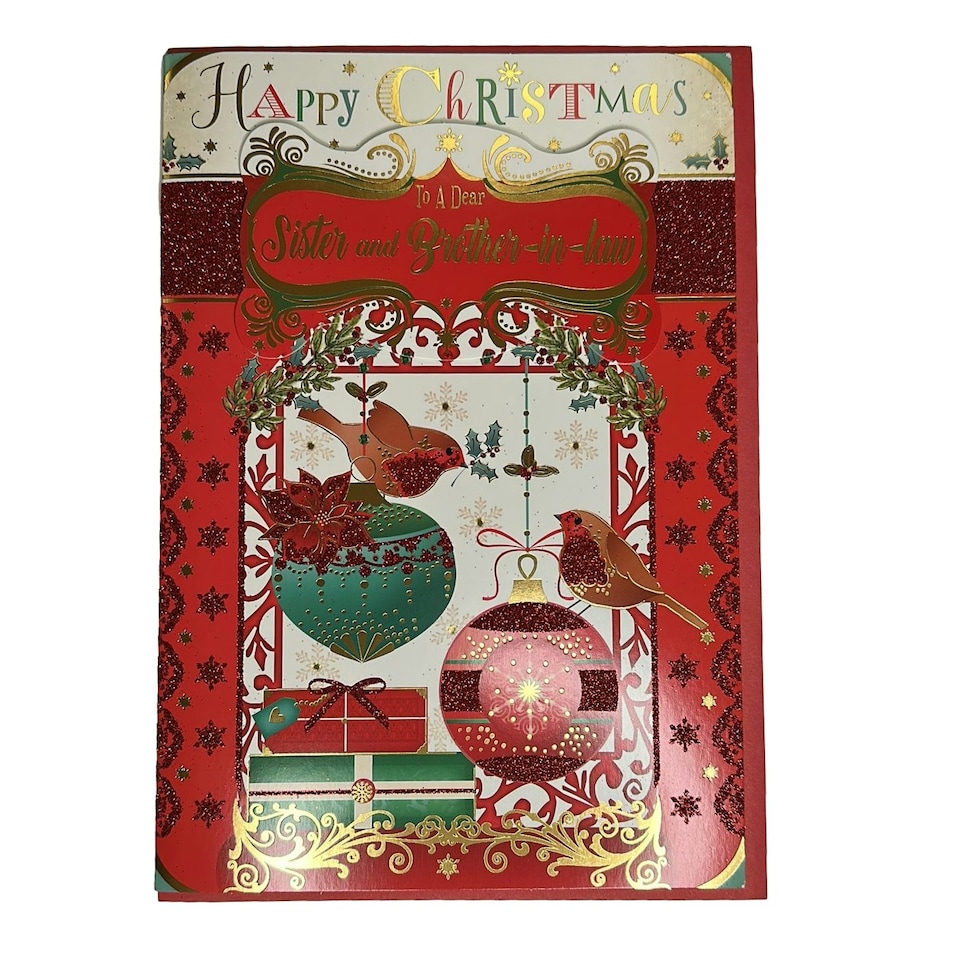 image 1 of To a Dear Sister and Brother In Law Birds On Baubles Design Christmas Card