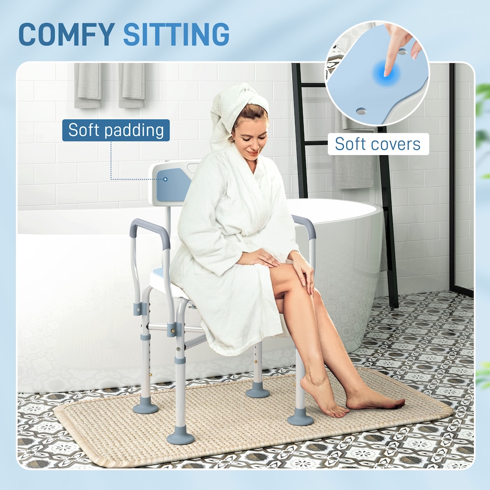 image 1 of HOMCOM Shower Chair with Hygiene Cut-Out Seat and Reinforced Crossbars, Height Adjustable Padded Bath Chair with Non-slip Feet for Elderly Seniors Disabled Handicap, Tool-Free Assembly, Light Blue