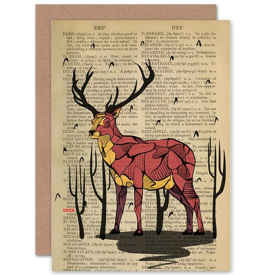 image 1 of Gift Upcycle Dictionary Stag Drawing Red Deer Birthday Card