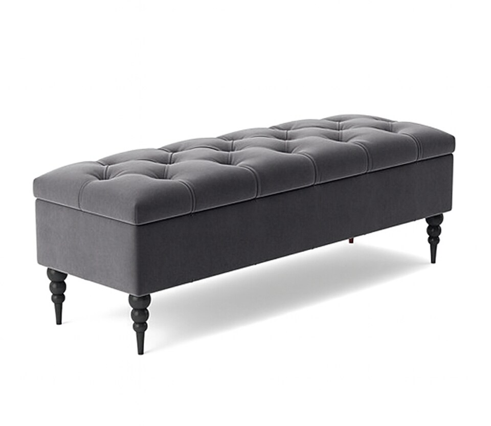 image 1 of 120cm Safar Ottoman bench with Storage and Turned Wooden Legs- Plush Velvet Shoes Bench - Steel Grey Chesterfield Storage Bench