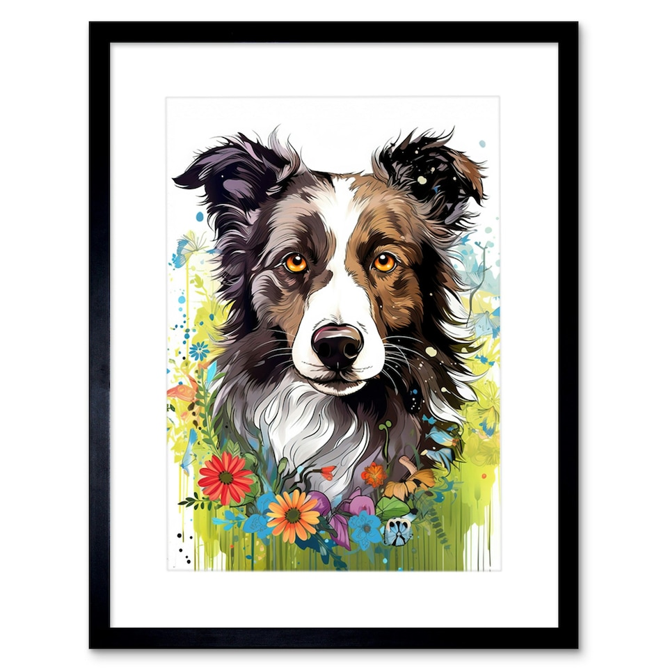 image 1 of Border Collie Dog Bright Watercolour 9x7" Black Framed Wall Art Print