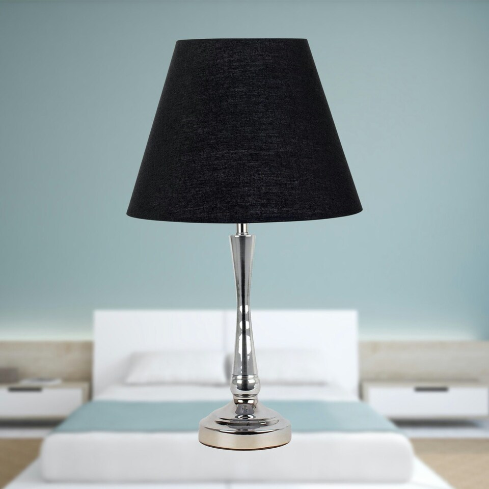 image 1 of Chrome Table Lamp with Stem Detail and Black Shade Chrome | Black