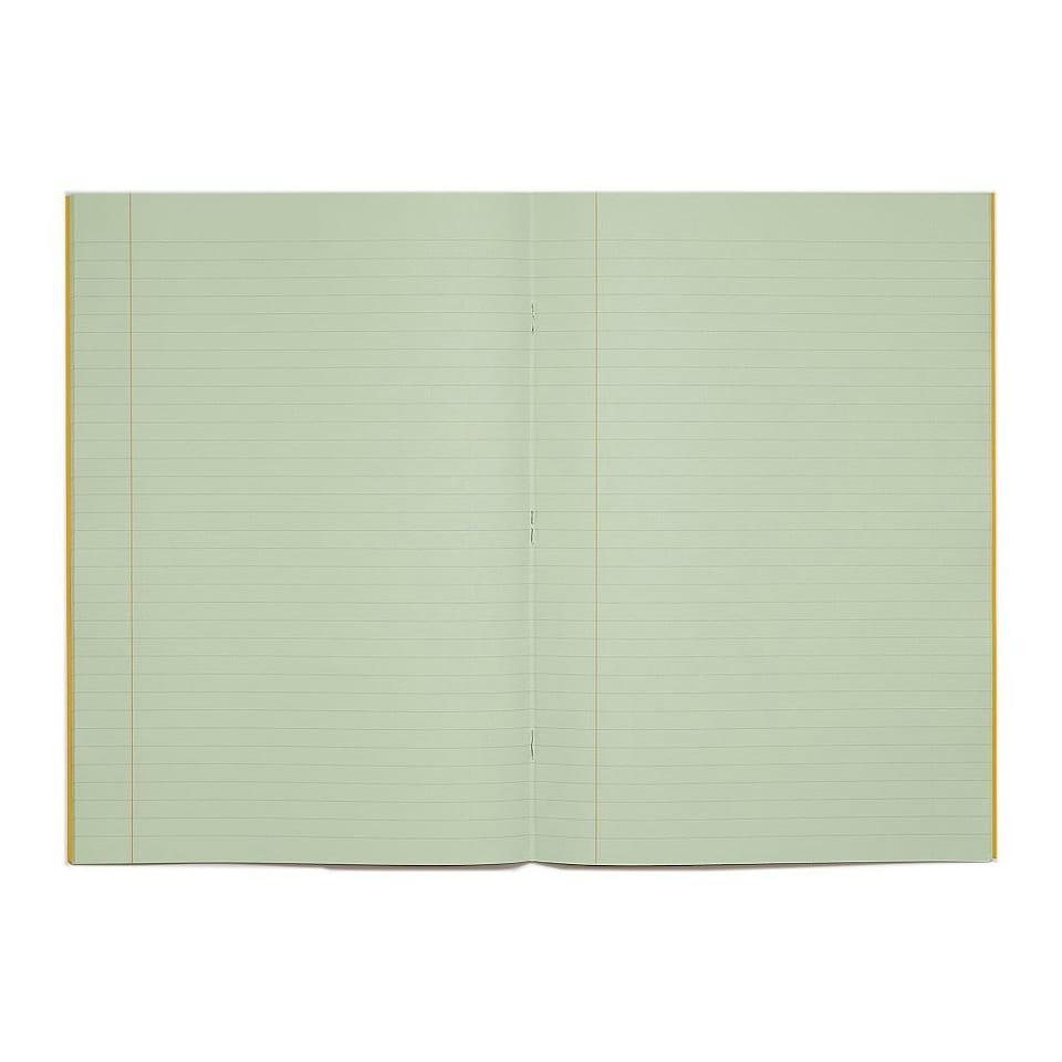 image 1 of Pack of 10 Rhino A4 48 Page Yellow with Green Tinted Paper 8mm Lined with Margin Exercise Books