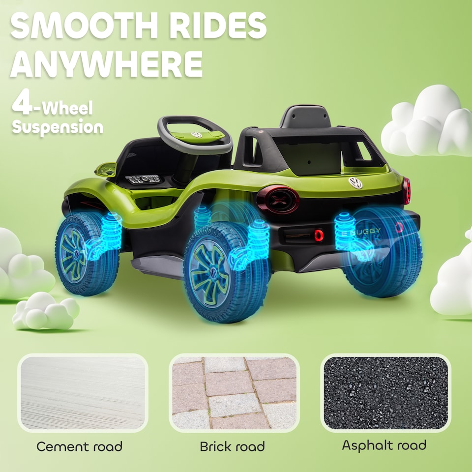 image 1 of AIYAPLAY Volkswagen E-Buggy Licensed Electric Car for Kids, 12V Kids Electric Ride on with Remote Control, Suspension, Slow Start, LED Lights, USB, Music, Horn, for Ages 3-6 Years, Green