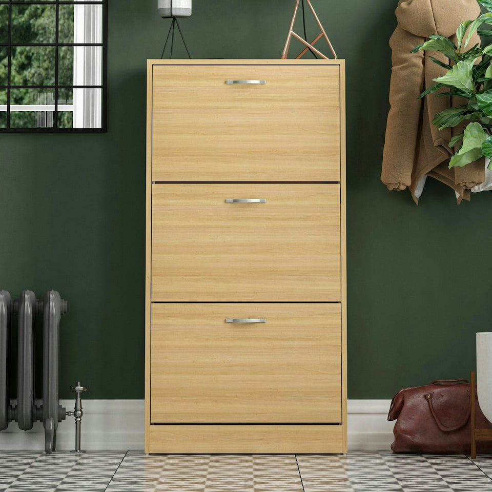 image 1 of Vida Designs 3 Drawer Shoe Cabinet Shoe Rack Storage Cupboard, Pine
