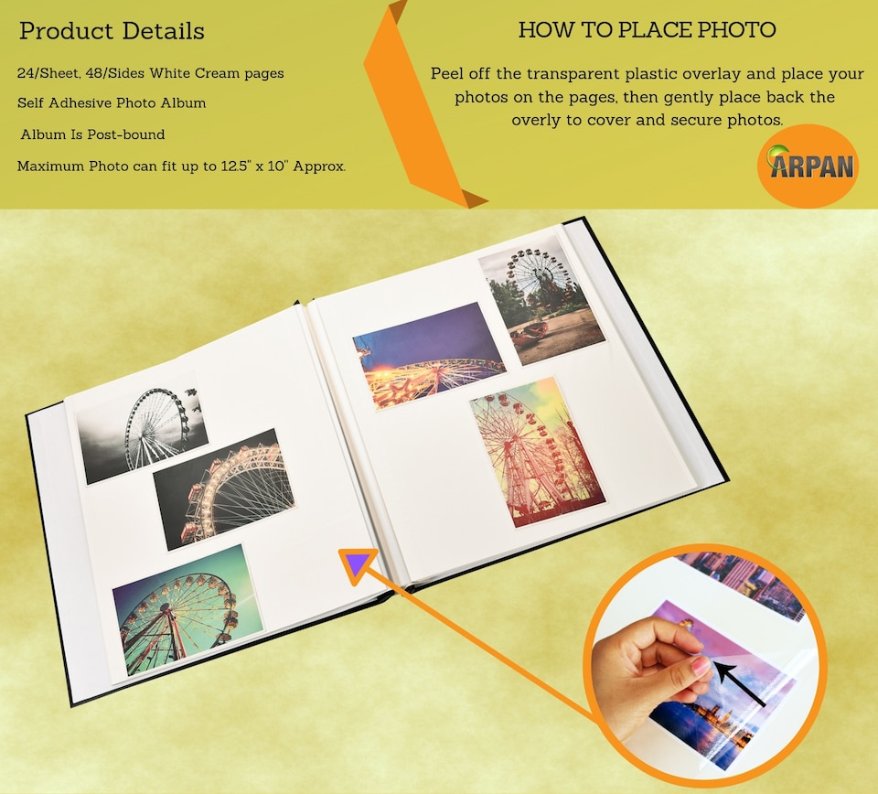 image 1 of ARPAN Extra-Large Self Adhesive Photo Album – 24 Sheets / 48 Sides – Leather Look Padded Cover Post Bound Scrapbook Memory Album for Photos, Keepsakes & Special Occasions