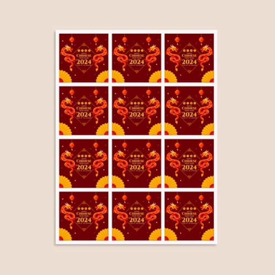 image 1 of Happy Chinese New Year 2024 Dragons Design Square Stickers 65mm - Sheet of 12
