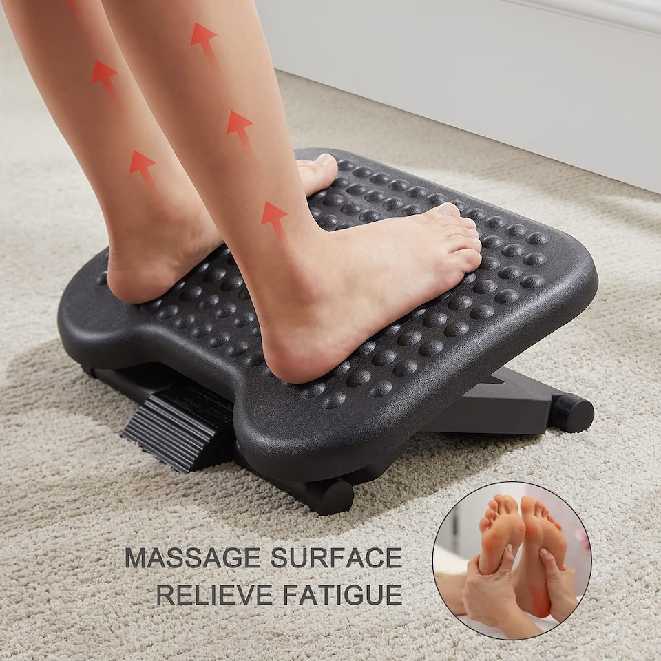 image 1 of Adjustable Under Desk Footrest with Massage Surface & Tilt Function | Ergonomic Foot Rest Stool for Office Desk, Home Working & Gaming | 3 Height Adjustable Foot Support with Non-Slip Base