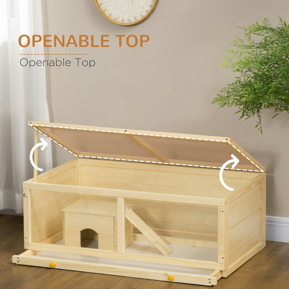 image 1 of PawHut Wooden Hamster Cage w/ Sliding Tray, Openable Top, Hut, Natural Wood