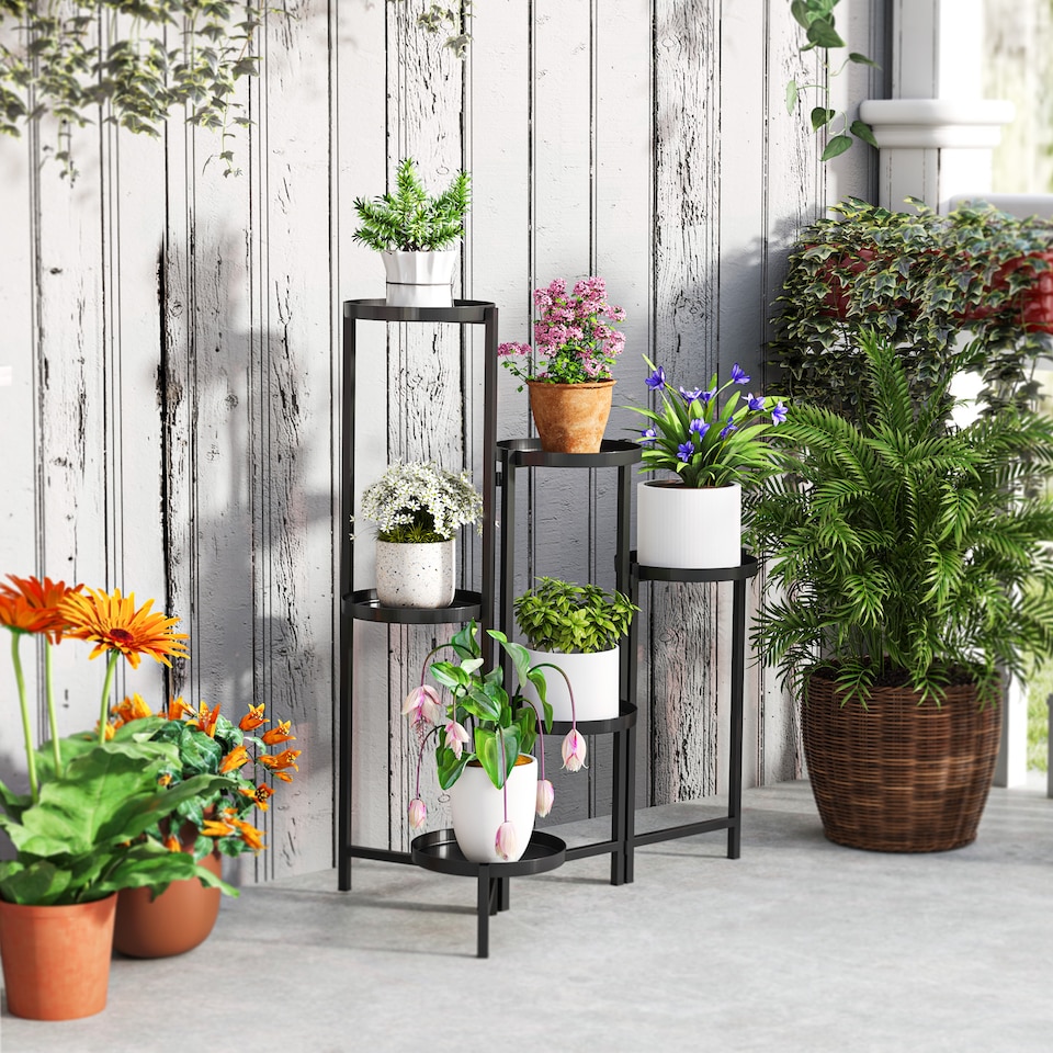 image 1 of Outsunny 3 Tier Foldable Corner Plant Stand for Indoor Outdoor, Black | Black | Black