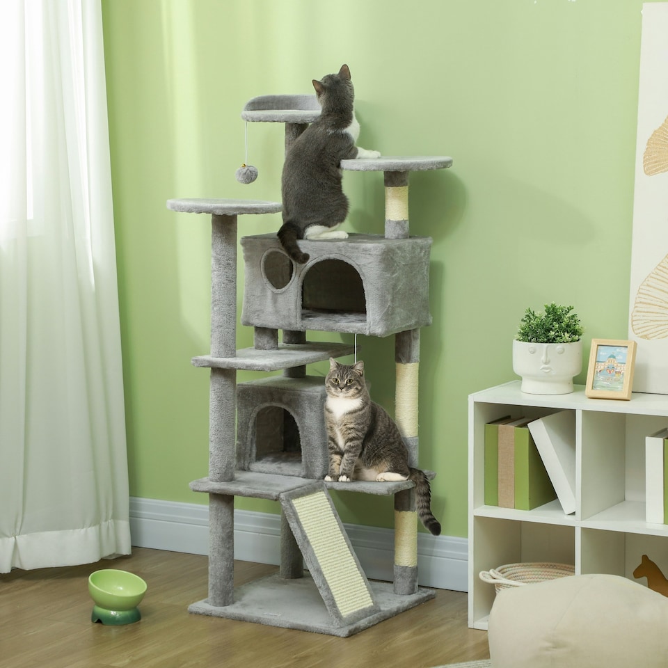 image 1 of PawHut 138cm Cat Tower with Scratching Posts Bed Condo Platform, Light Grey