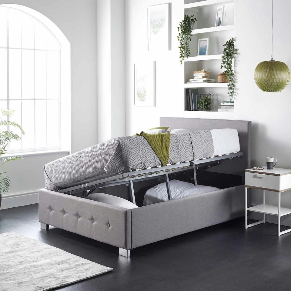 image 1 of Side Opening Ottoman Storage in Grey Linen, King