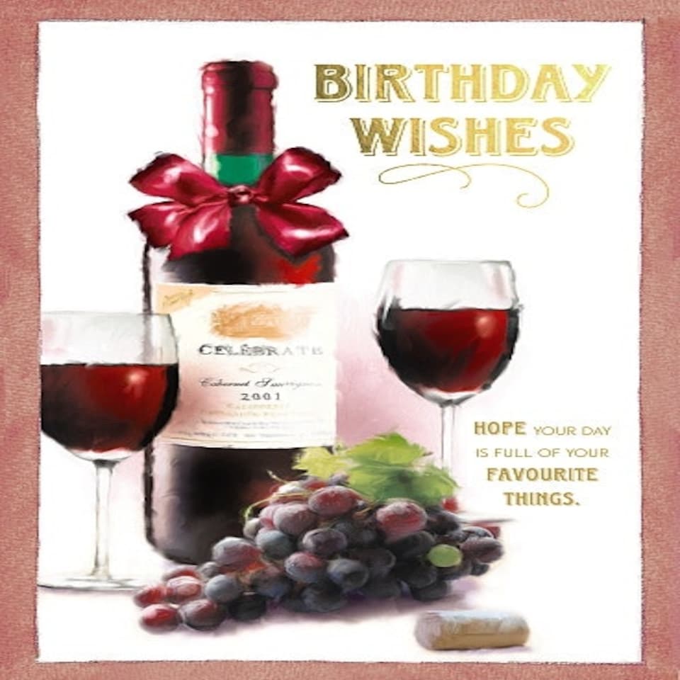 image 1 of Open Male Birthday Card Red Wine Bottle, Glass and Grapes