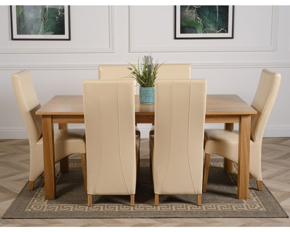 image 1 of Oslo 180 x 90 cm Large Oak Dining Table and 6 Lola Leather Chairs | Cream | Cream