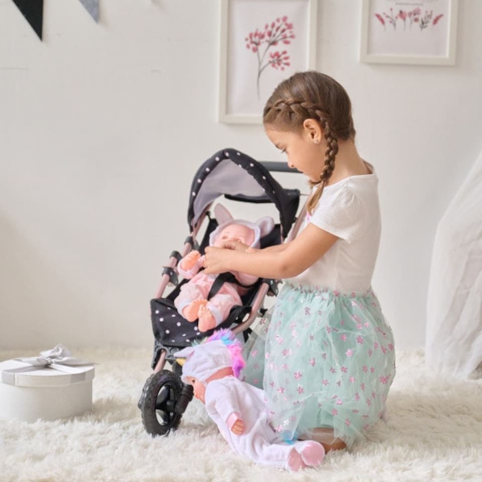 image 1 of Teamson Kids Jogging Doll Stroller in Black with Pink Polka Dots, Adjustable Canopy, Secure Harness, Storage Basket & Soft Handle