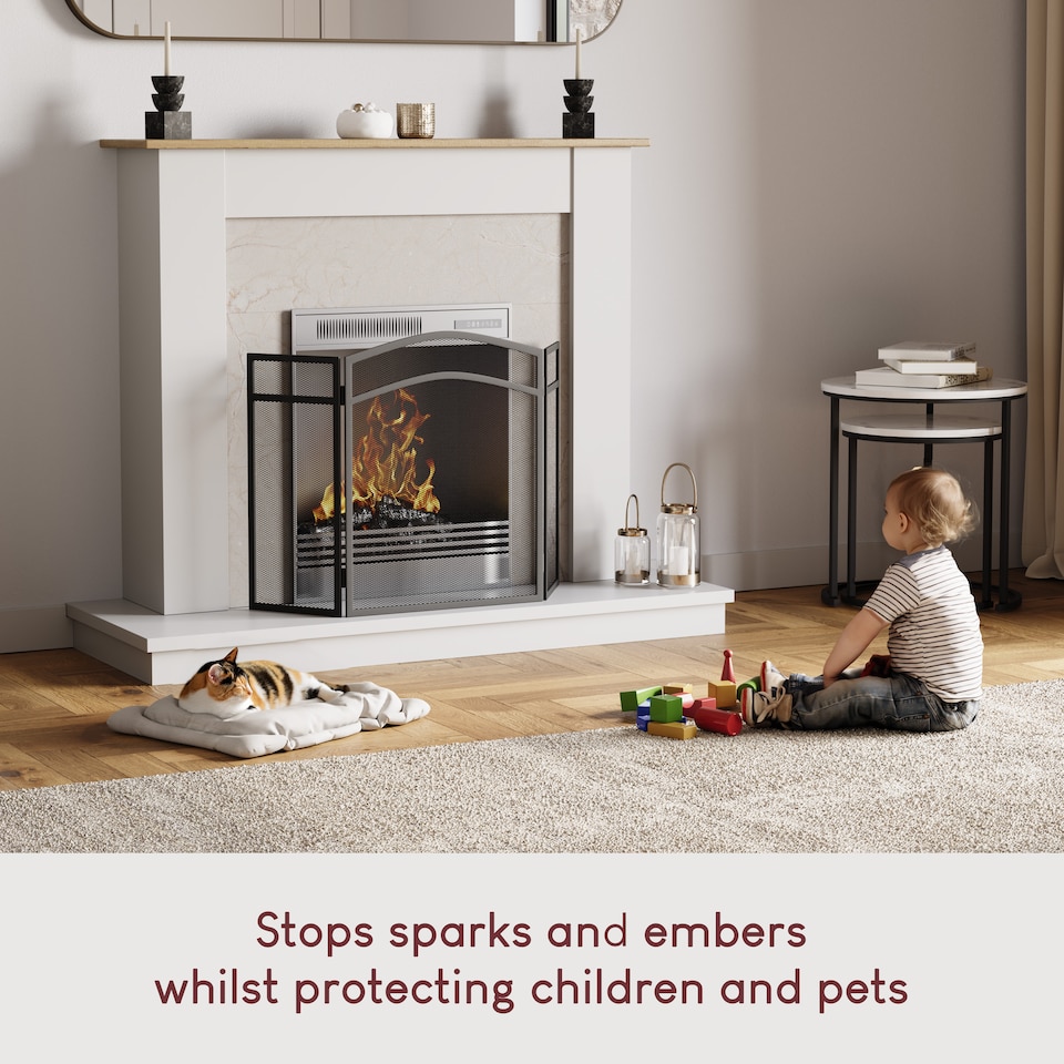 image 1 of Fire Vida Milton 3 Panel Fire Guard Folding Fireside Fireplace Screen Accessory, Black