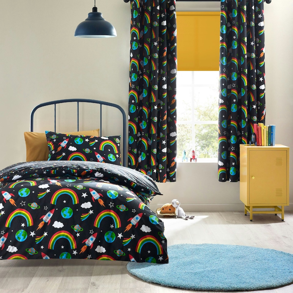 image 1 of Catherine Lansfield Rainbow Rockets Reversible Duvet Cover Set Black | Black | Double