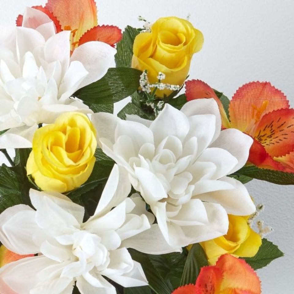 image 1 of Homescapes Set of 2 Purple, Orange & White Roses & Peonies Artificial Flowers in Grave Vases
