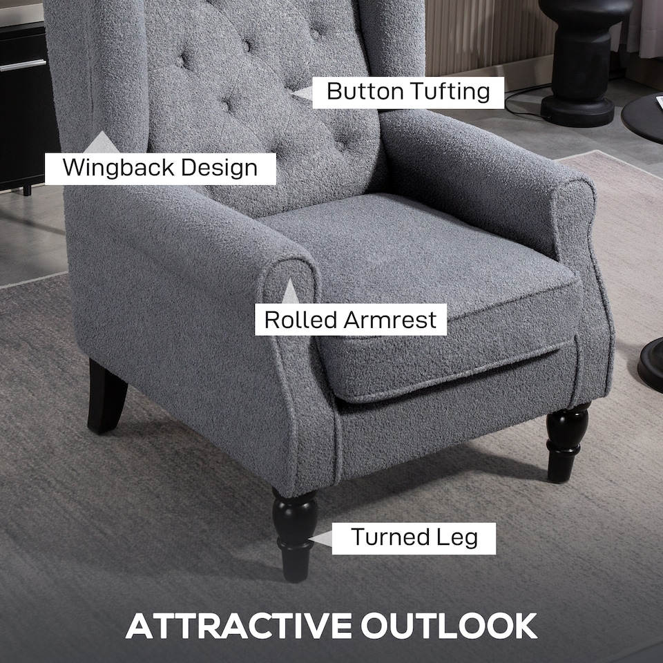 image 1 of HOMCOM Accent Armchair Home Furniture Retro Tufted Club Fabric Grey