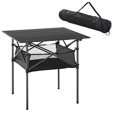 Outsunny 70cm Aluminum Roll Top Table w Mesh Bag Camping Outdoor Dining Foldable w Steel Frame Picnic Lightweight Hiking Furniture Desk, Black