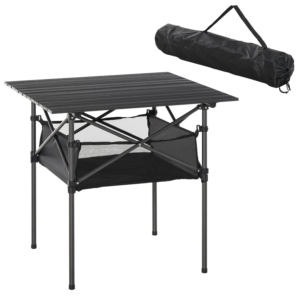 image 1 of Outsunny 70cm Aluminum Roll Top Table w Mesh Bag Camping Outdoor Dining Foldable w Steel Frame Picnic Lightweight Hiking Furniture Desk, Black