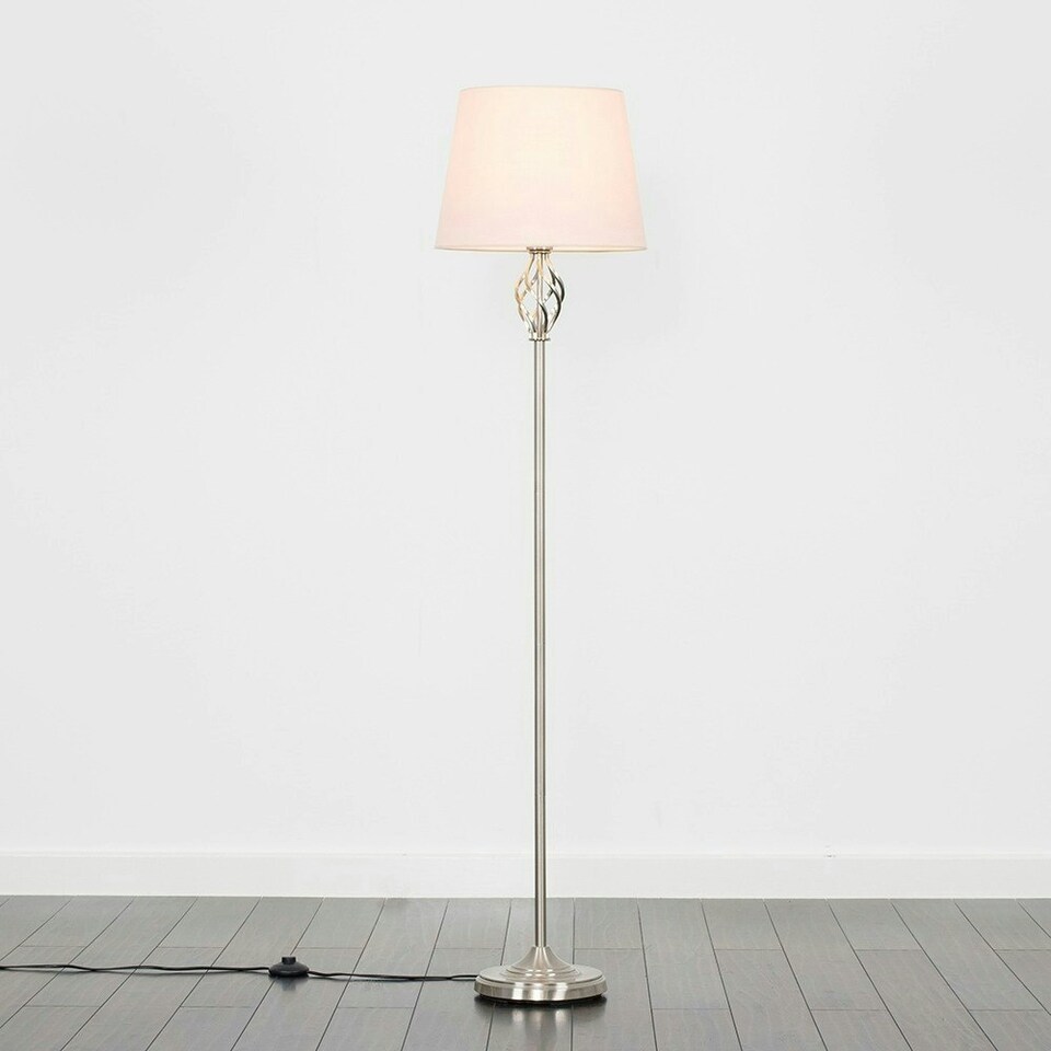 image 1 of ValueLights Traditional Style Satin Nickel Barley Twist Floor Lamp With Pink Light Shade