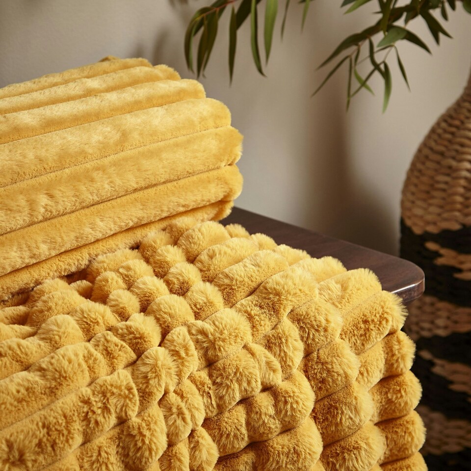 image 1 of Catherine Lansfield Cosy Ribbed Faux Fur Soft 130x170 cm Blanket Throw Mustard Yellow | Mustard