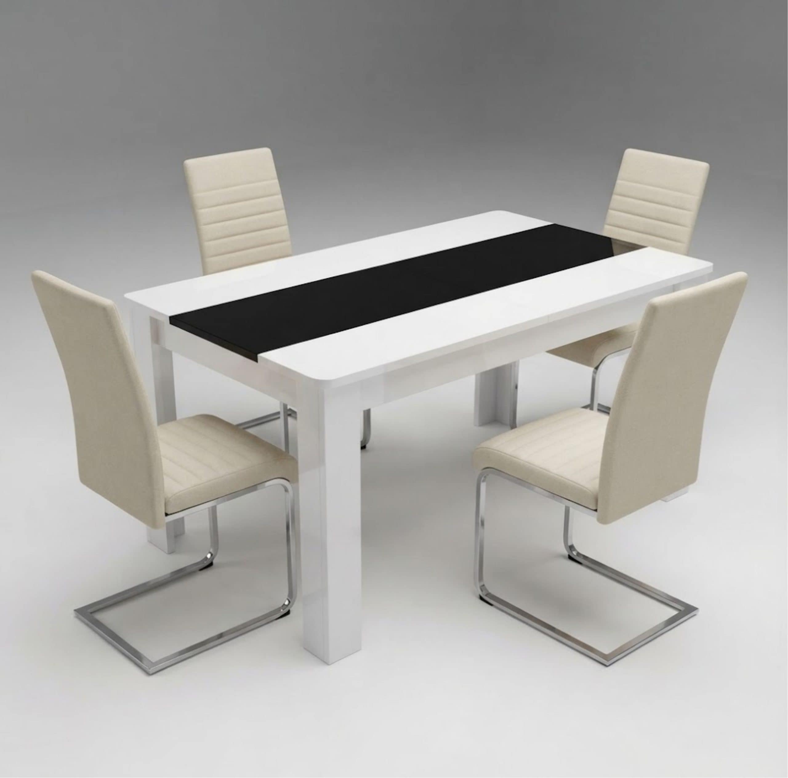 4 Seater Dining Set with White and Black Table and 4 Cream High Back Velvet Chairs with Chrome Legs