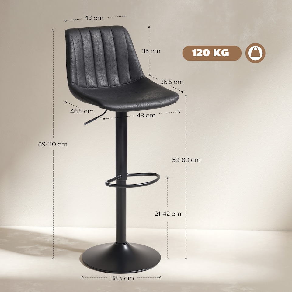 image 1 of HOMCOM Modern Bar Stools Set of 2, Height Adjustable Swivel Bar Chairs with Backrest, Gas Lift and Footrest, Leathaire Barstools for Breakfast Counter, Kitchen Island, Black | Black | Black